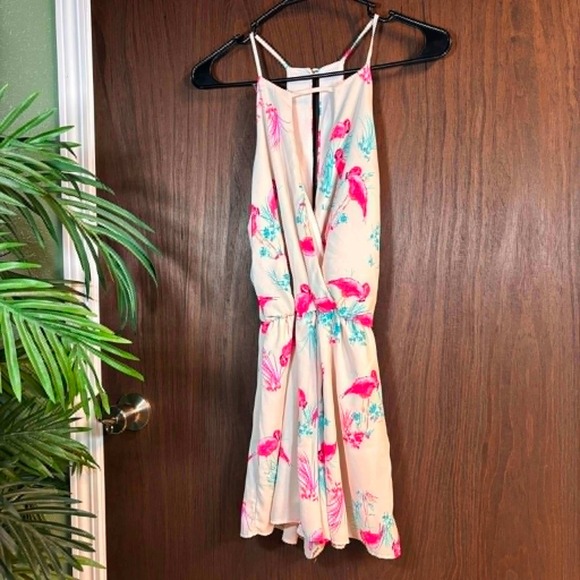 Everly Other - Everly Flamingo Print Halter Romper Cream Pink Tropical Size Small